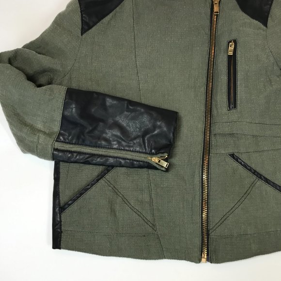 Zara Moto Jacket Women's L Asymmetrical Olive Green Black Sleeve Gold Zip Spring - Picture 5 of 10